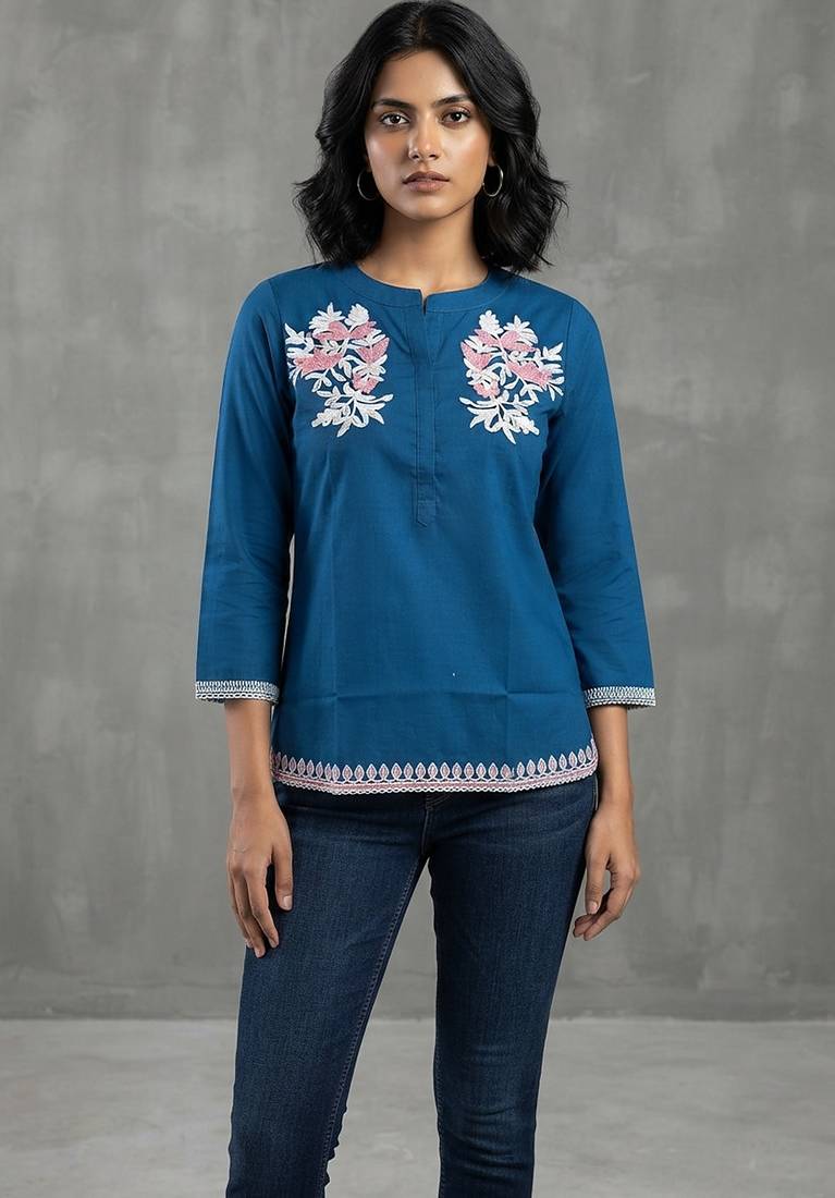 Classic blue floral embroidered short kurti