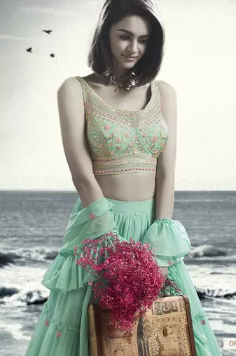 Seafoam Blue Floral Embroidered Lehenga Choli Set