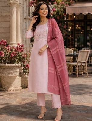 women's art silk embroidered kurta set with dupatta 2