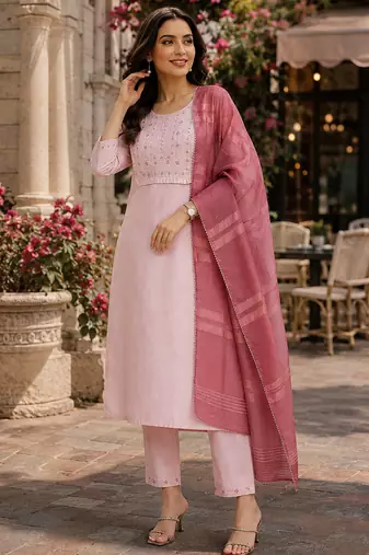 women's art silk embroidered kurta set with dupatta