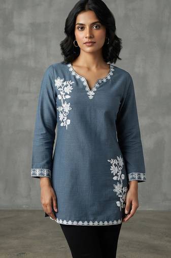 Elegant slate blue embroidered kurti