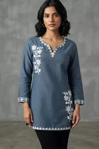 Elegant slate blue embroidered kurti