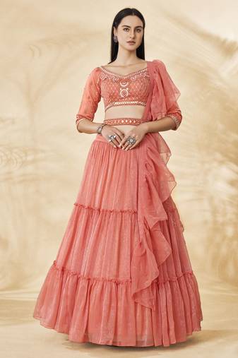 Stunning Coral Embroidered Lehenga Choli Set