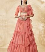 Stunning Coral Embroidered Lehenga Choli Set