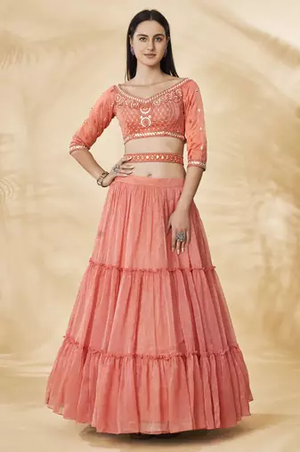 Stunning Coral Embroidered Lehenga Choli Set