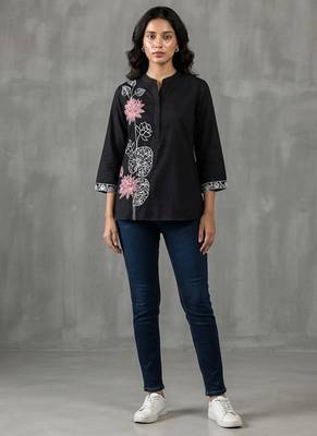 Elegant black and pink floral embroidered short kurti 1