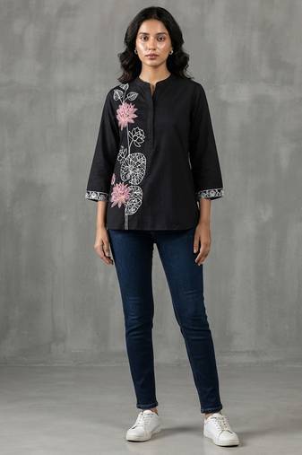 Elegant black and pink floral embroidered short kurti