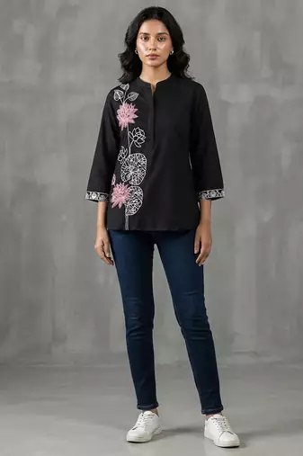 Elegant black and pink floral embroidered short kurti