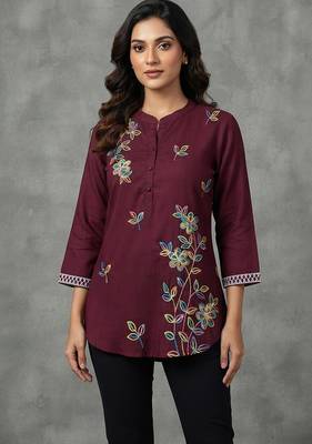 Maroon multi-color floral embroidered short kurti 1