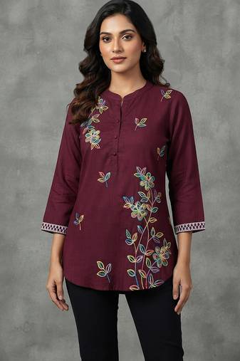Maroon multi-color floral embroidered short kurti