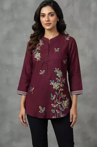 Maroon multi-color floral embroidered short kurti