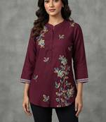 Maroon multi-color floral embroidered short kurti