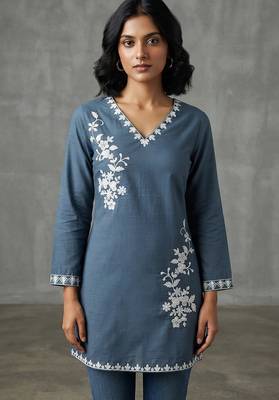 Elegant slate blue floral embroidered kurti 1