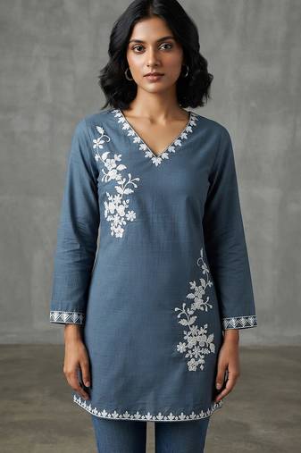 Elegant slate blue floral embroidered kurti