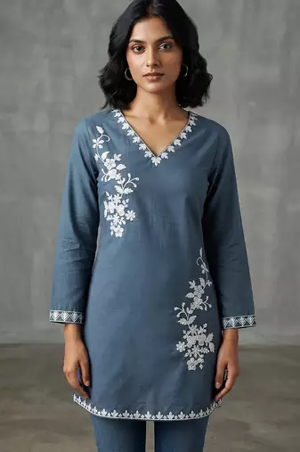 Elegant slate blue floral embroidered kurti
