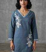 Elegant slate blue floral embroidered kurti