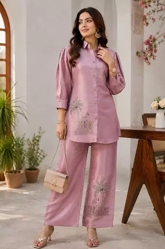 women's dusty rose shimmer satin embroidered co-ord set