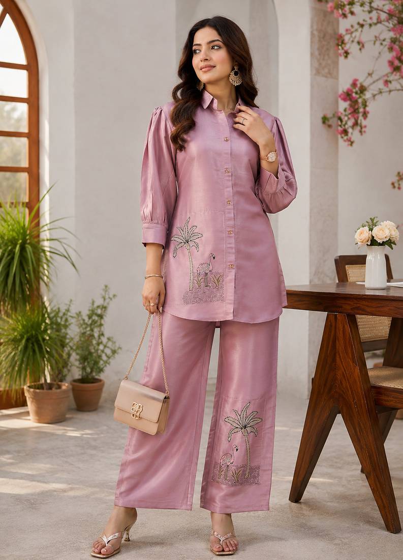women's dusty rose shimmer satin embroidered co-ord set