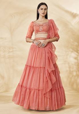 Stunning Coral Embroidered Lehenga Choli Set 1
