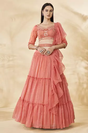 Stunning Coral Embroidered Lehenga Choli Set