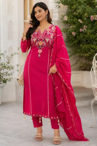 women's chanderi silk embroidered straight kurta set with dupatta