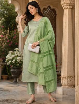 women's art silk fabric embroidered kurta set with dupatta 2