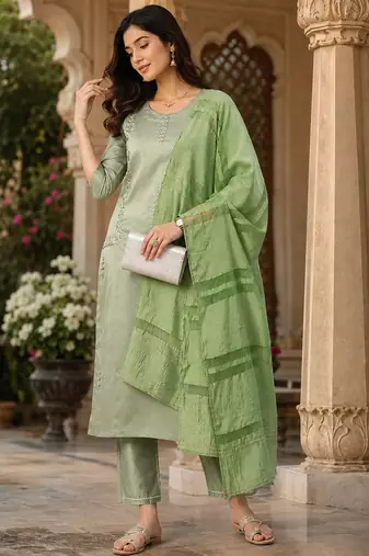 women's art silk fabric embroidered kurta set with dupatta