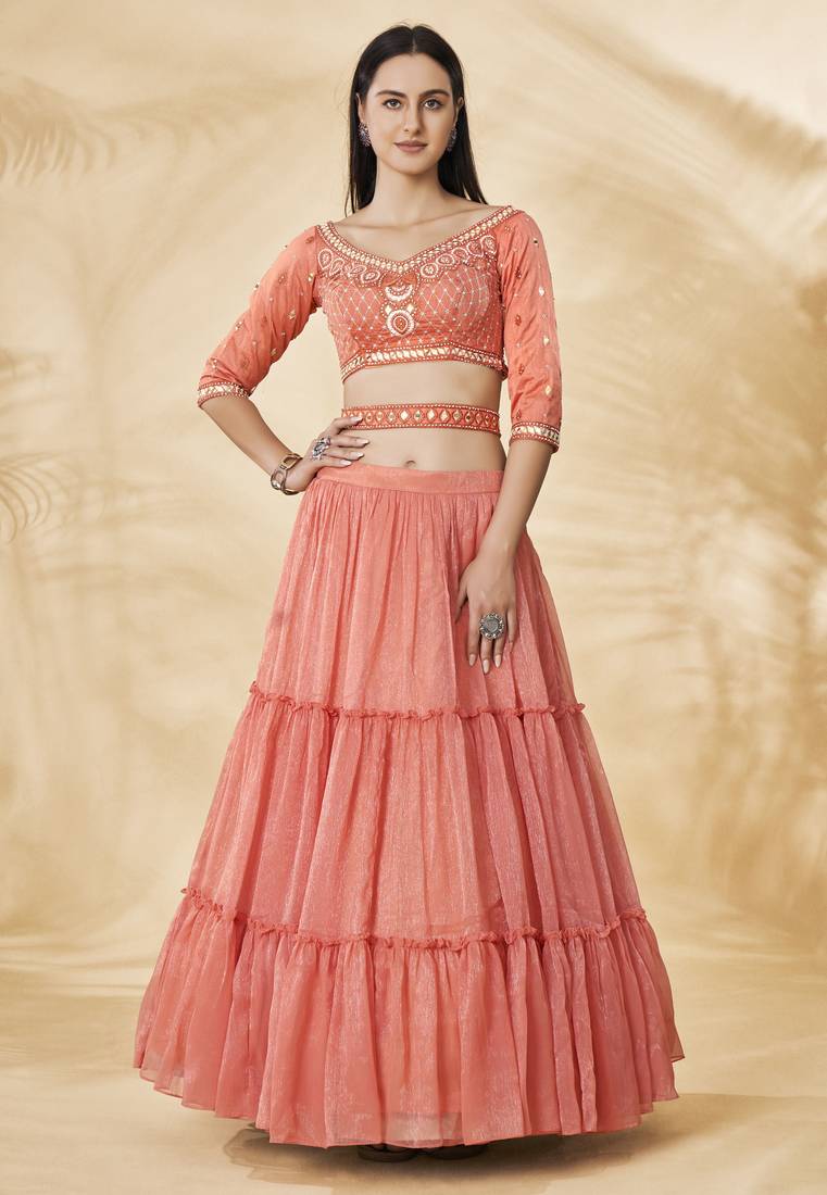 Stunning Coral Embroidered Lehenga Choli Set