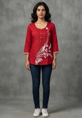 Vibrant red floral embroidered short kurti 1