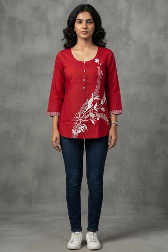 Vibrant red floral embroidered short kurti