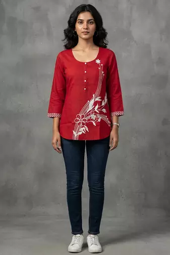 Vibrant red floral embroidered short kurti