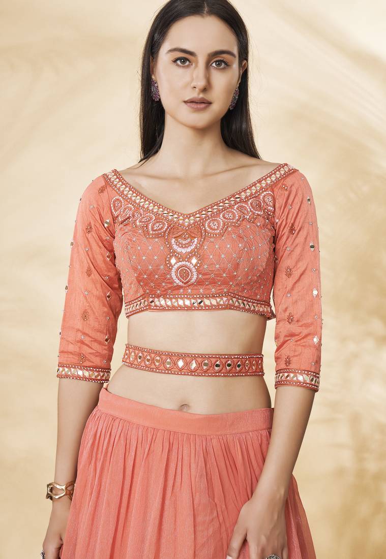 Stunning Coral Embroidered Lehenga Choli Set