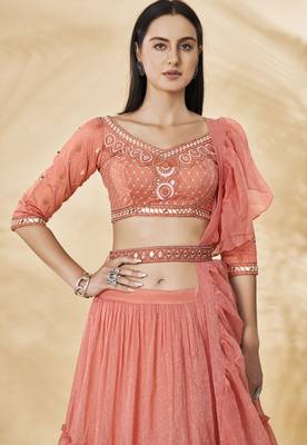 Stunning Coral Embroidered Lehenga Choli Set 4