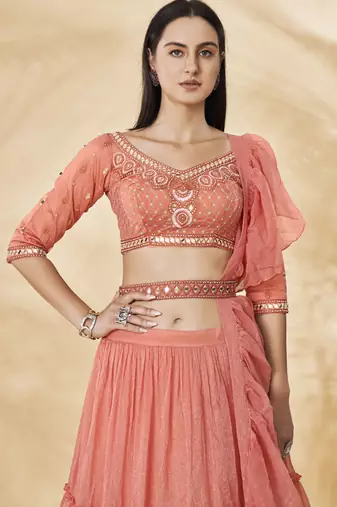 Stunning Coral Embroidered Lehenga Choli Set