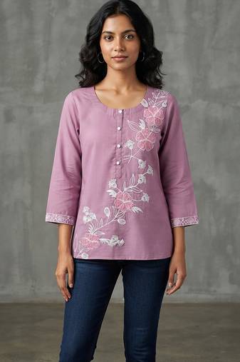 Elegant mauve floral embroidered short kurti