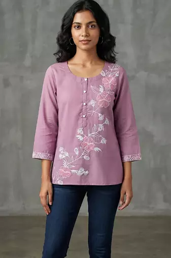 Elegant mauve floral embroidered short kurti