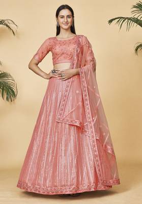Peach Embroidered Round Neck Lehenga Choli 1
