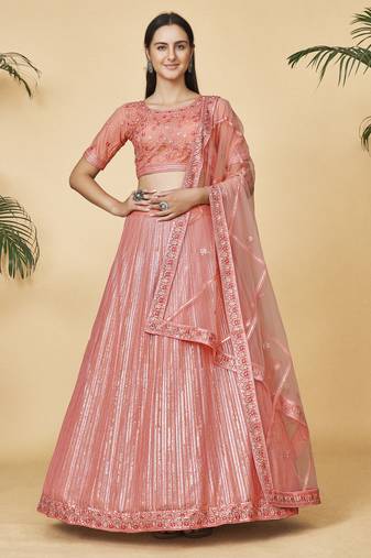 Peach Embroidered Round Neck Lehenga Choli
