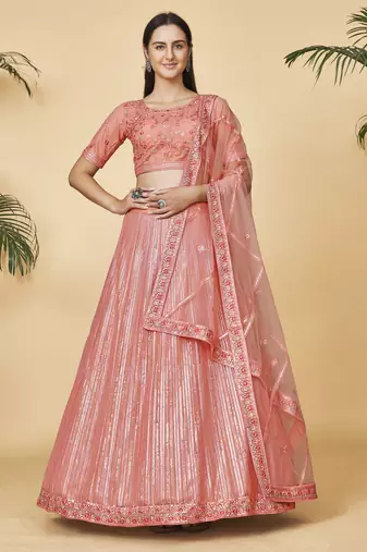 Peach Embroidered Round Neck Lehenga Choli