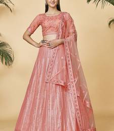 Peach Embroidered Round Neck Lehenga Choli