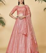 Peach Embroidered Round Neck Lehenga Choli
