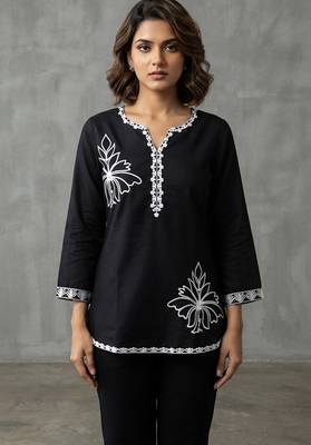 Chic black and white embroidered short kurti 1
