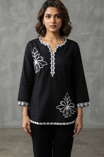 Chic black and white embroidered short kurti