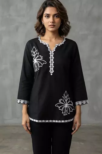 Chic black and white embroidered short kurti