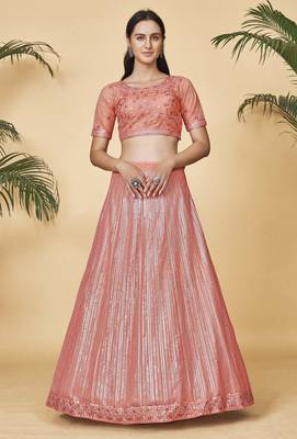 Peach Embroidered Round Neck Lehenga Choli 2