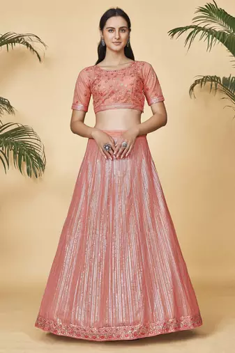 Peach Embroidered Round Neck Lehenga Choli
