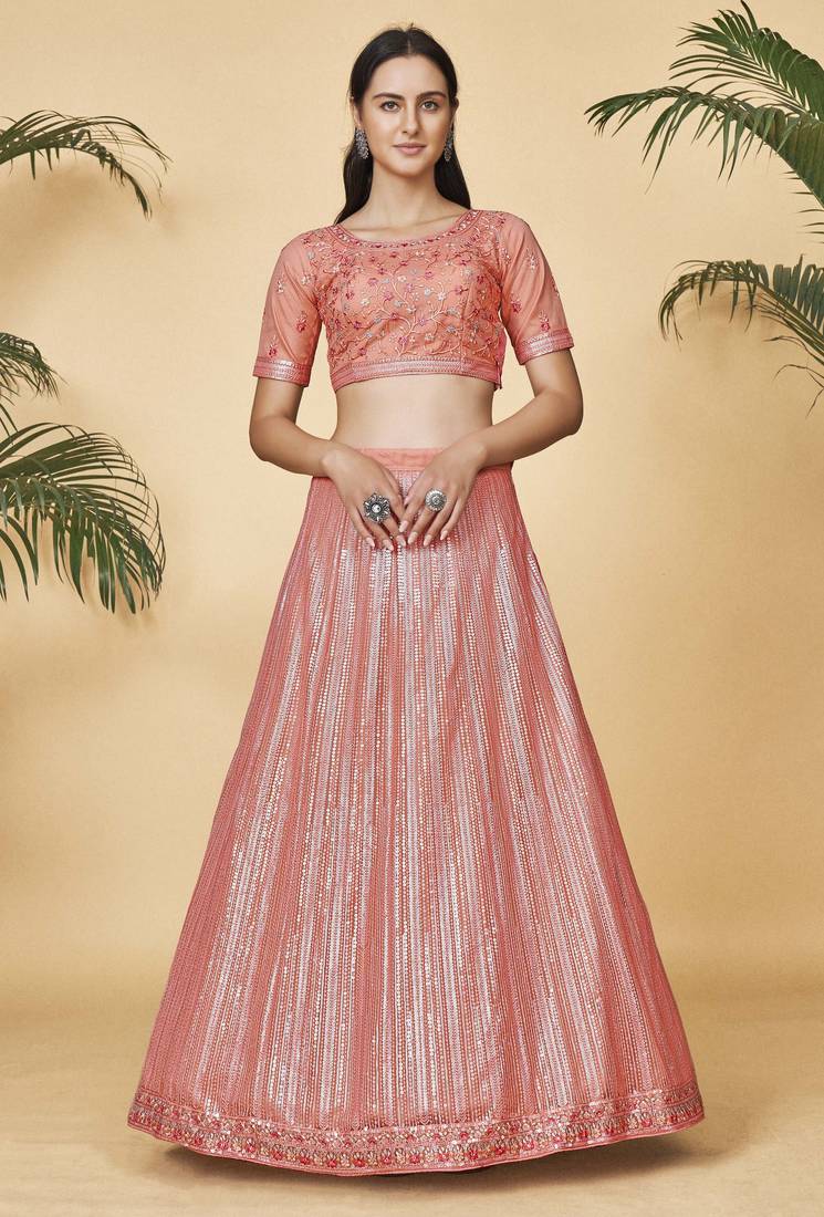 Peach Embroidered Round Neck Lehenga Choli