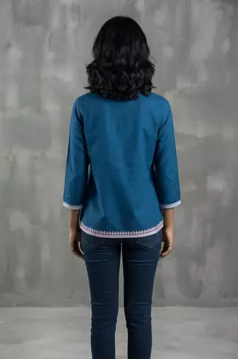 Classic blue floral embroidered short kurti