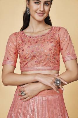 Peach Embroidered Round Neck Lehenga Choli 3