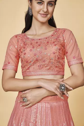 Peach Embroidered Round Neck Lehenga Choli